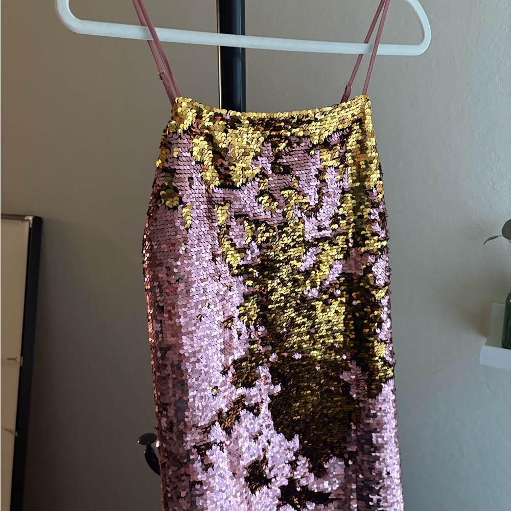 For Love And Lemons Pink and Gold Sequin mini dress